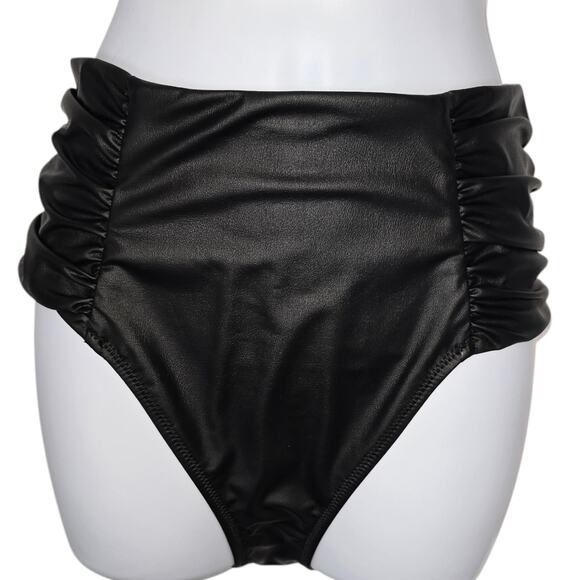 L'Agence Vanessa Faux Leather Bikini Bottom Black Ruched Sides Lined Small NEW - Picture 2 of 7